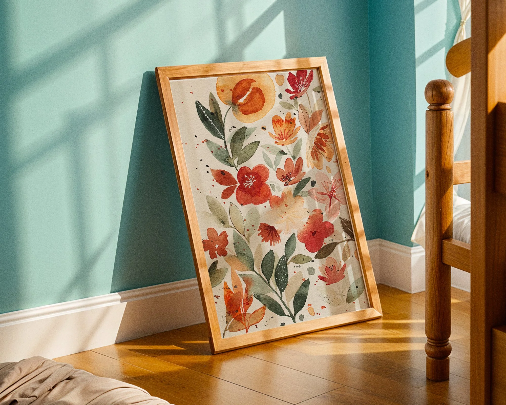 A framed watercolor painting of orange and red flowers and green leaves leaning against a turquoise wall, sunlight casting shadows on the wall and hardwood floor.