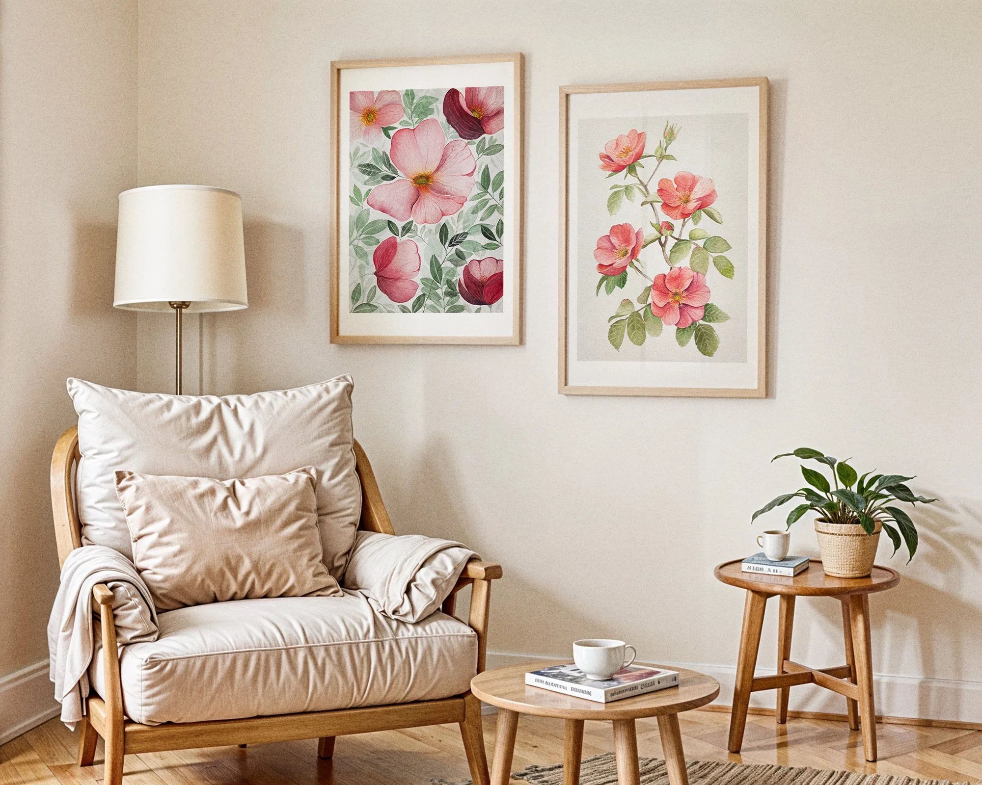 A cozy living room corner with a wooden armchair draped with beige satin cushions, a matching necklace, a white lamp on a stand, two side tables holding books and mugs, and two framed floral art prints on a beige wall, complemented by potted plants.