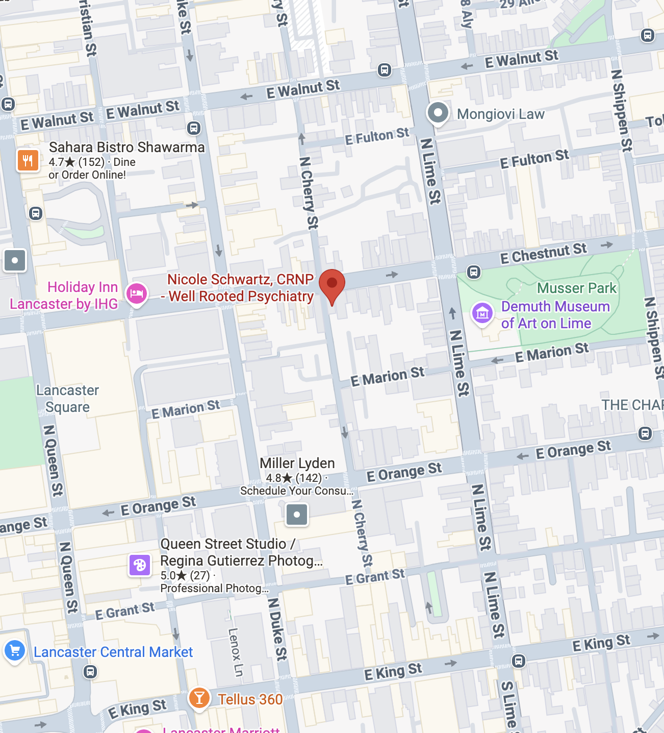 Map of Downtown Lancaster identifying 130 East Chestnut Street near the corner of Chestnut and Cherry Street