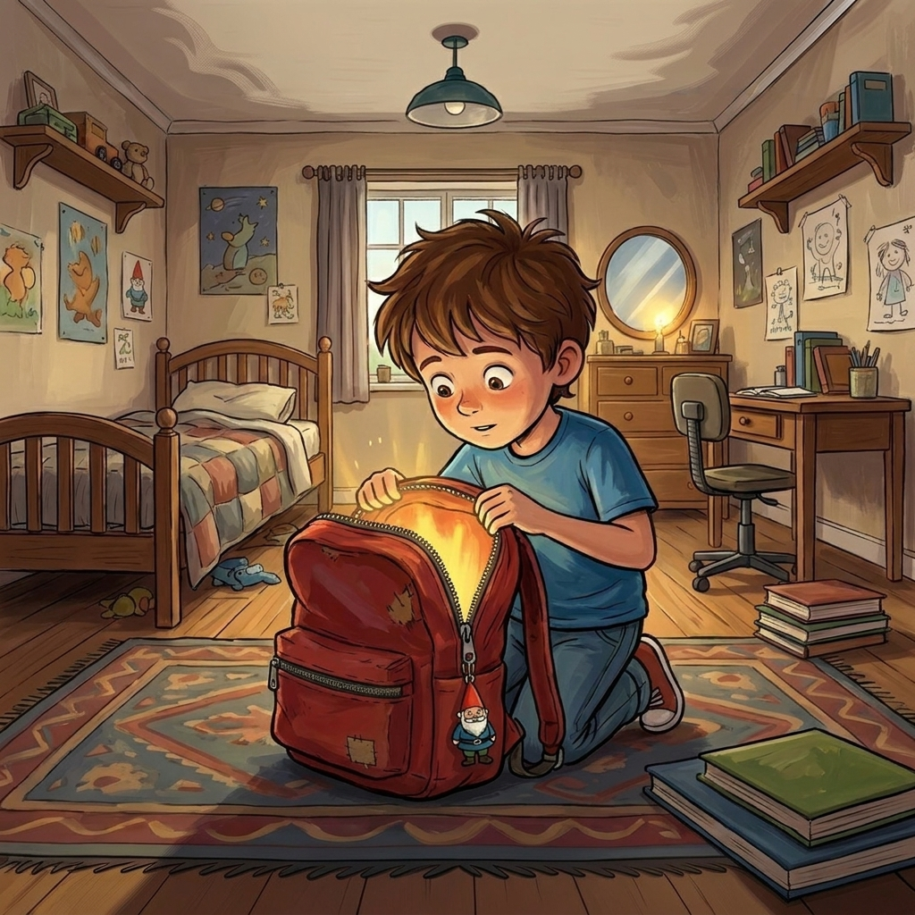 A boy kneeling on a rug with a glowing backpack in a bedroom, showing surprise or curiosity. The room has a bed, books, drawings, and a window.