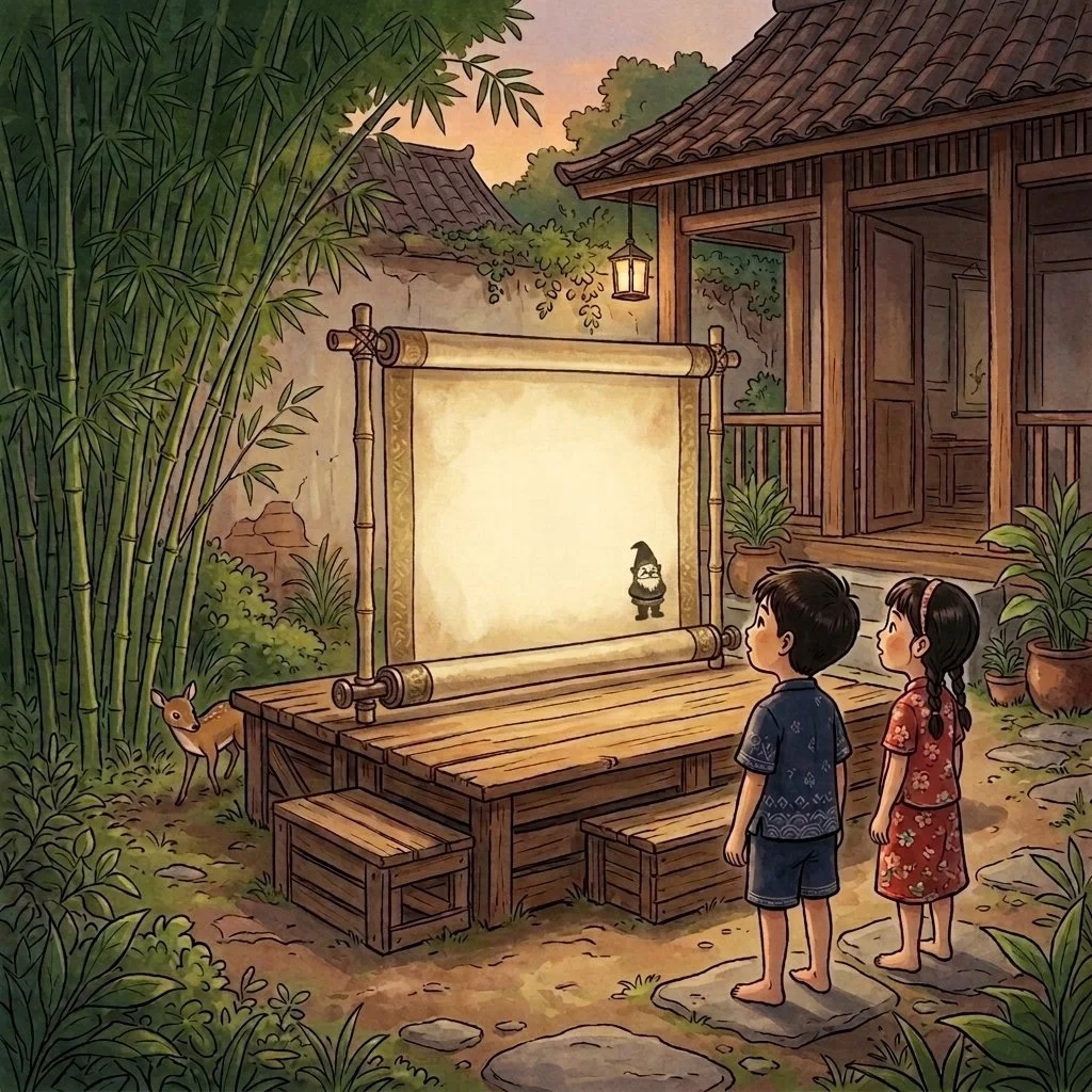 Two children, a boy in blue pajamas and a girl in a red floral dress, are standing outdoors, watching a puppet show with a bamboo frame and a paper backdrop. The scene is set at sunset, with traditional wooden buildings, potted plants, and a small deer nearby.