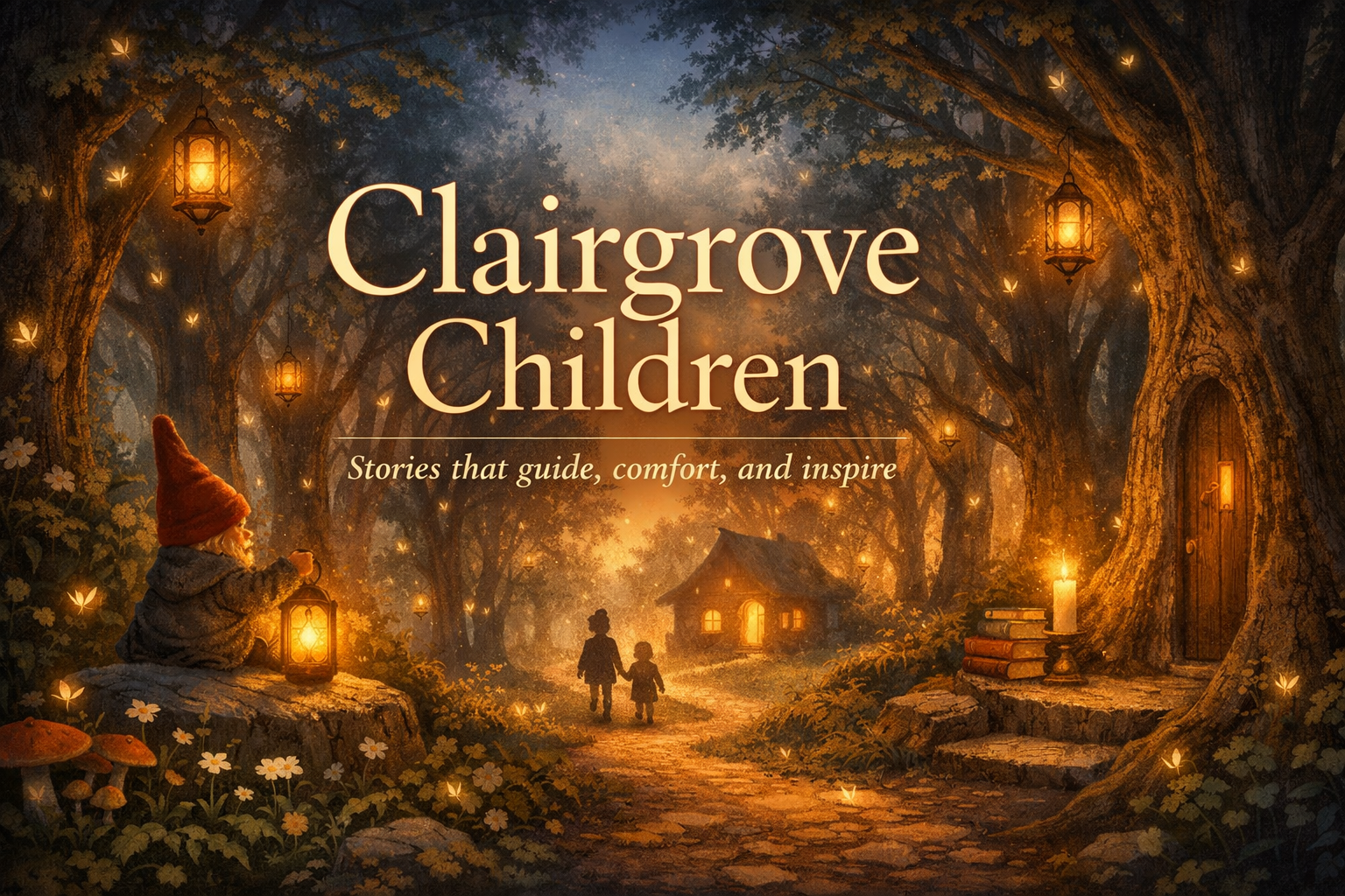 A fantasy scene of a forest at dusk with glowing lanterns hanging from trees, a small house in the background, a young girl sitting on a log holding a lantern, and two children walking hand-in-hand along a dirt path. The image promotes the book 'Clairgrove Children: Stories that guide, comfort, and inspire.'