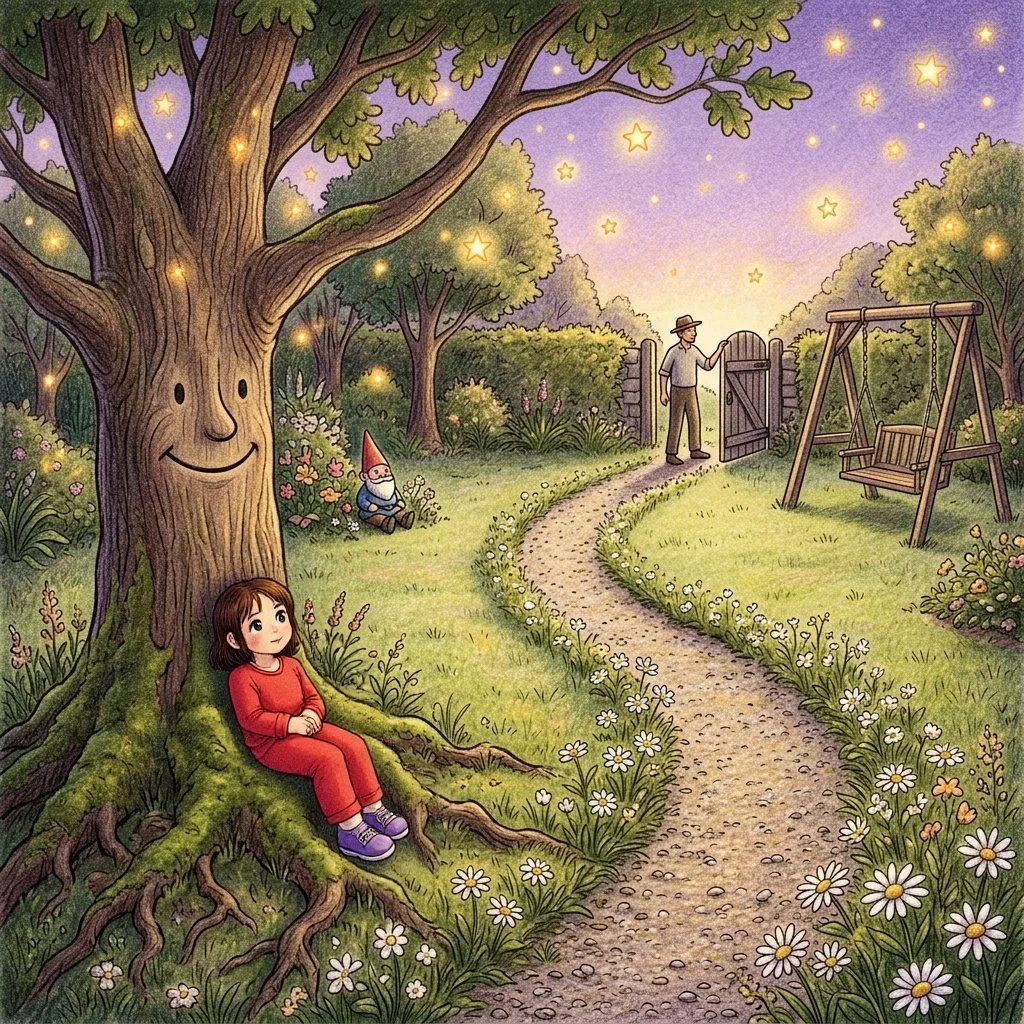 A whimsical scene in a garden at dusk with a large tree that has a smiling face on its trunk, a girl sitting under the tree, a garden gnome, a curved footpath lined with white daisies, a swing set, and a man opening a wooden gate, with glowing stars in the purple sky.