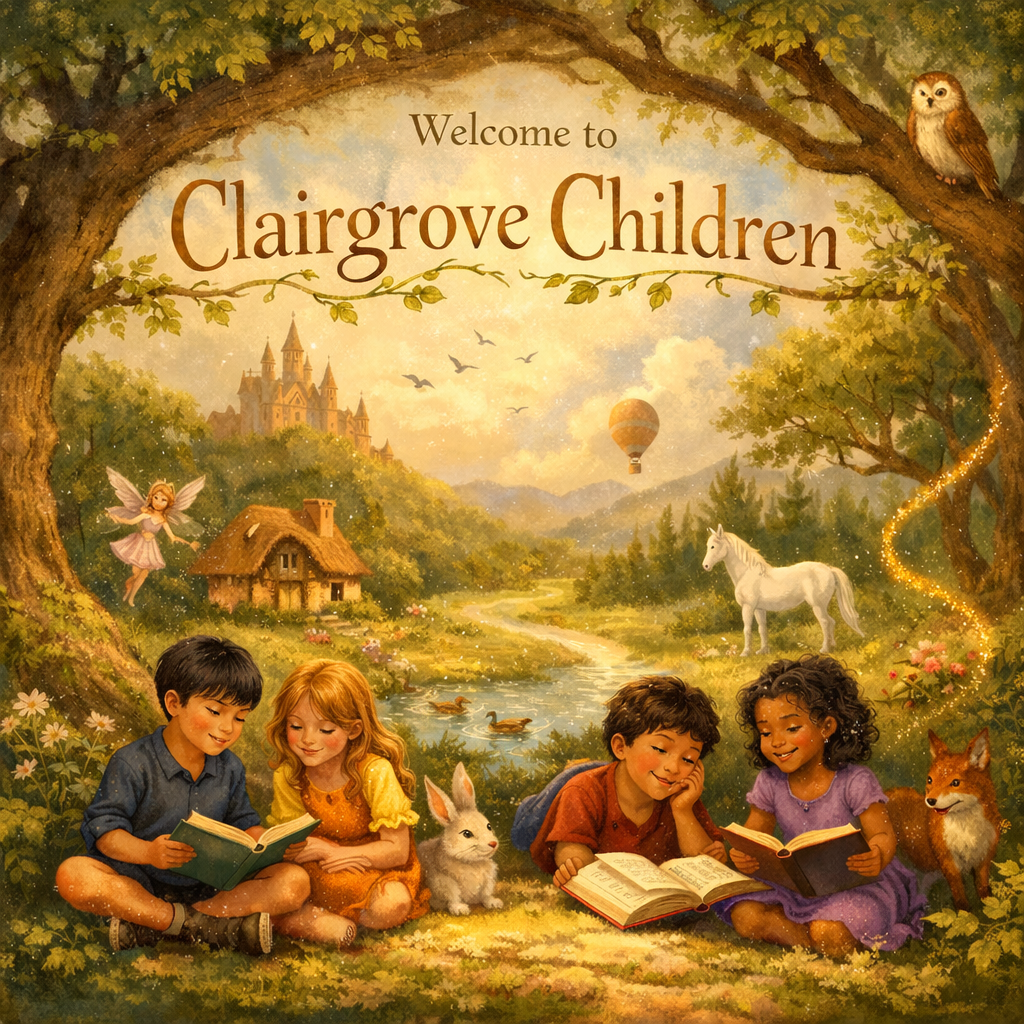Children sitting in front of a lush forest scene with animals, a castle, and a hot air balloon, under a large tree with the text 'Welcome to Clairgrove Children' written at the top.