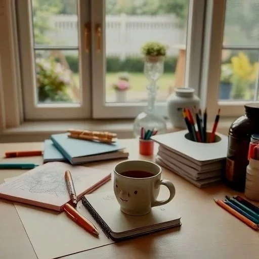 A cozy workspace with a mug on a notebook, surrounded by pens, pencils, and notebooks on a wooden desk near a window with a garden view.