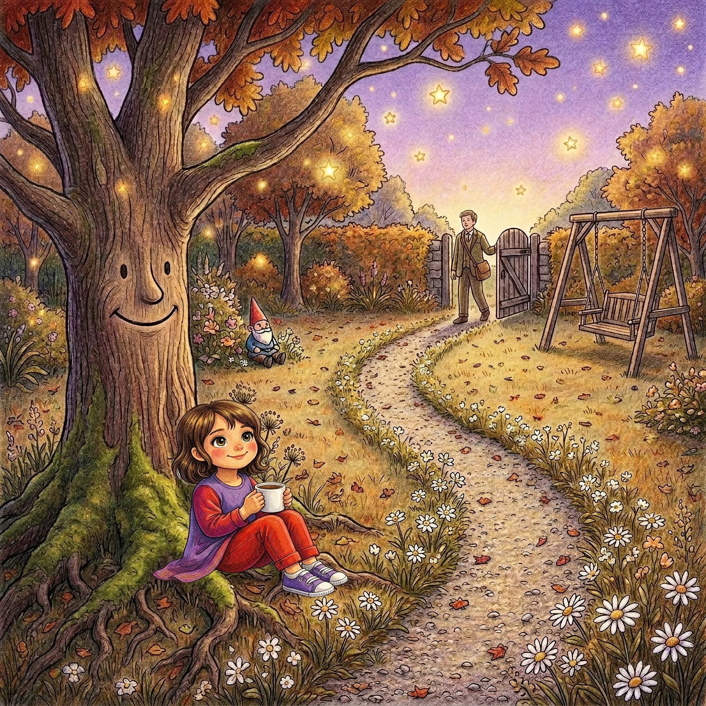 A girl sitting under an autumn tree, holding a mug, with a girl and a man in the background near a swing set on a garden path at dusk, surrounded by fall foliage and flowers.