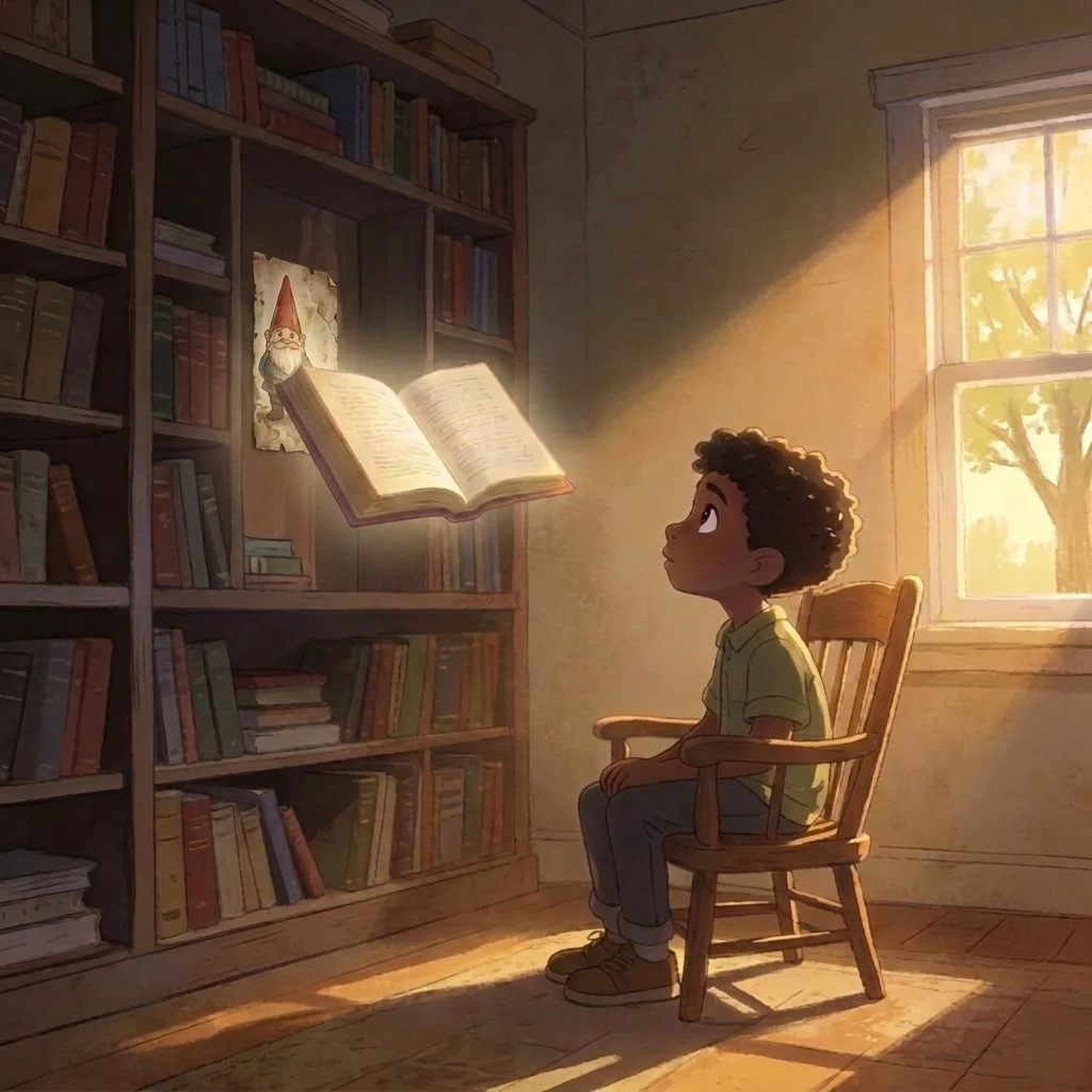 A young boy sitting in a wooden chair in a cozy room, gazing at a floating, glowing book with a gnome-like figure on a poster on the wall. Sunlight streams through a window illuminating the scene.