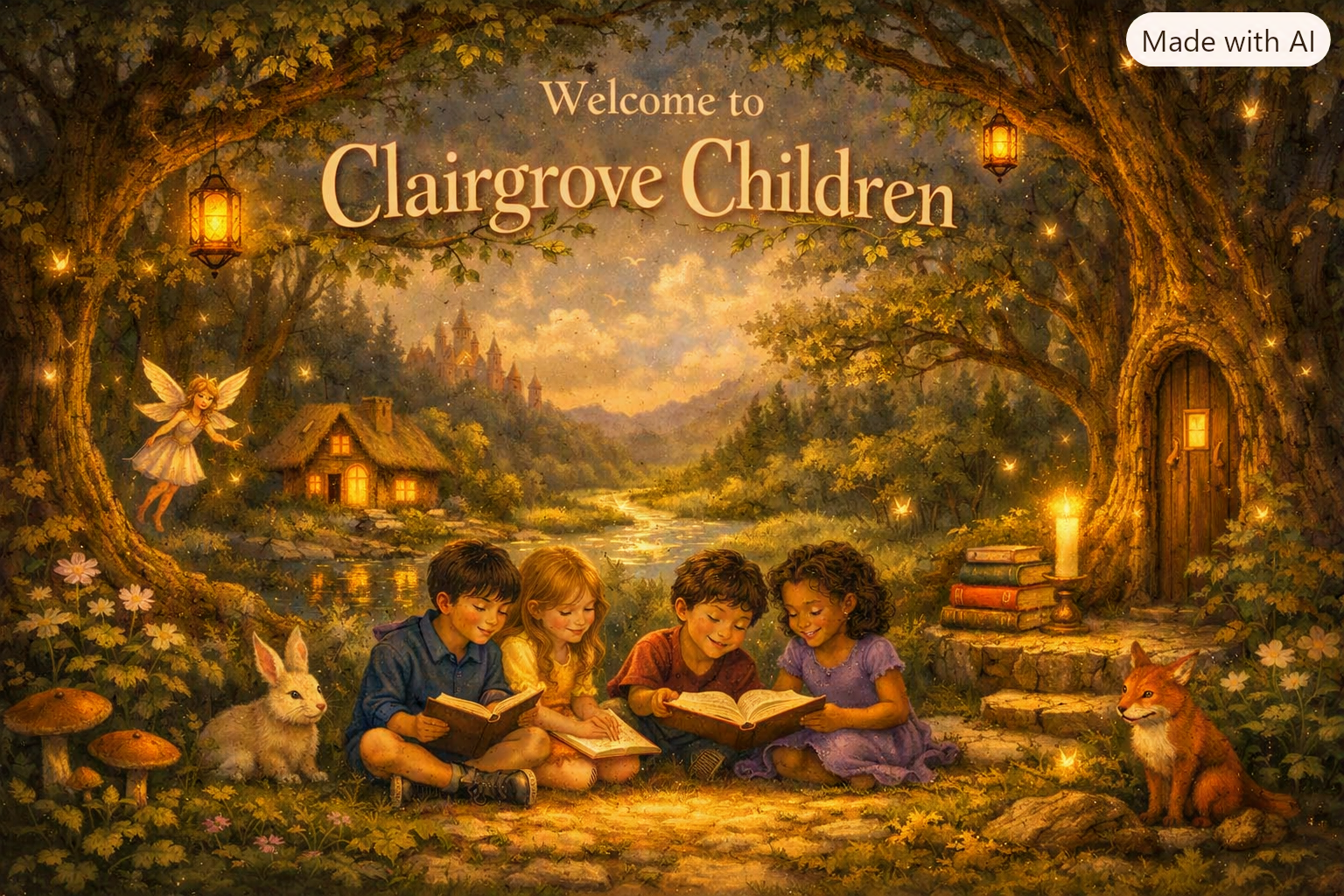 Four children sitting on the ground reading books in a enchanted forest scene with animals, fairy, rabbit, and fox, with a castle in the background and warm glowing lights.