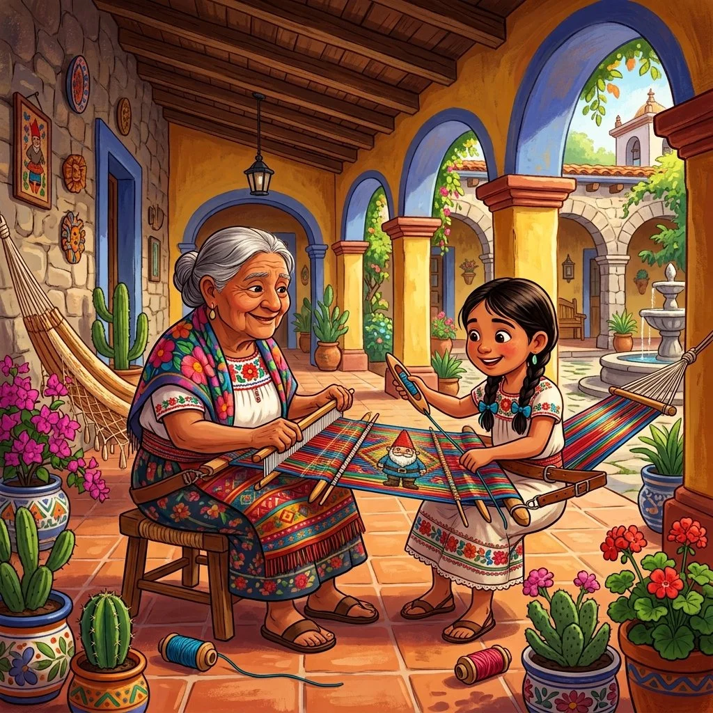 An elderly woman and a young girl sitting on wooden stools, weaving on a loom inside a colorful patio filled with potted plants and vibrant decorations.