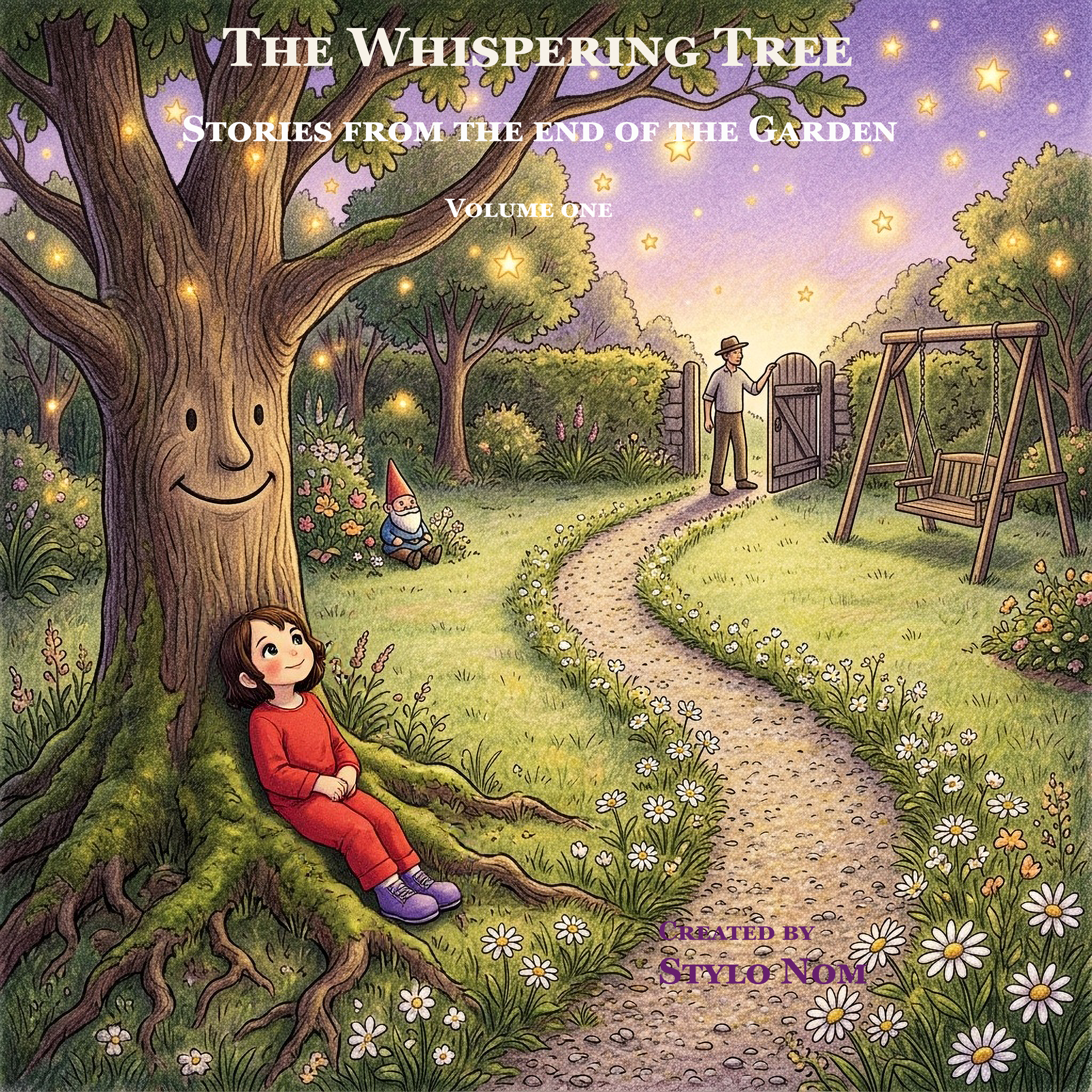 Illustration of a garden scene at dusk, featuring a large smiling tree with glowing lights and a girl sitting under it. A man is opening a gate near a playground swing, with flowers and greenery around. The sky is purple with stars, and the scene is whimsical and cheerful.