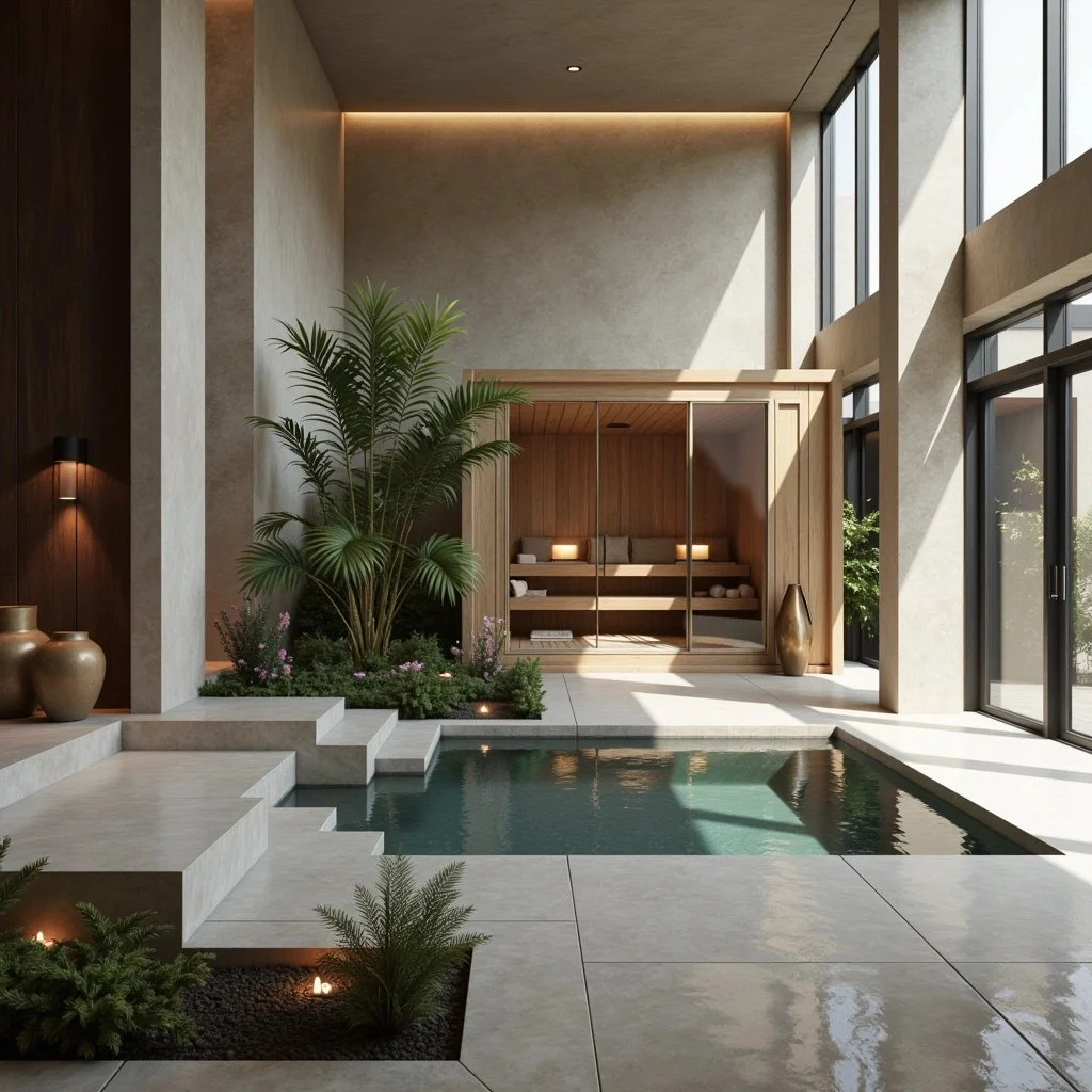 Indoor swimming pool area with large floor-to-ceiling windows, a wooden enclosed relaxation space, lush green plants, and minimalist decor.