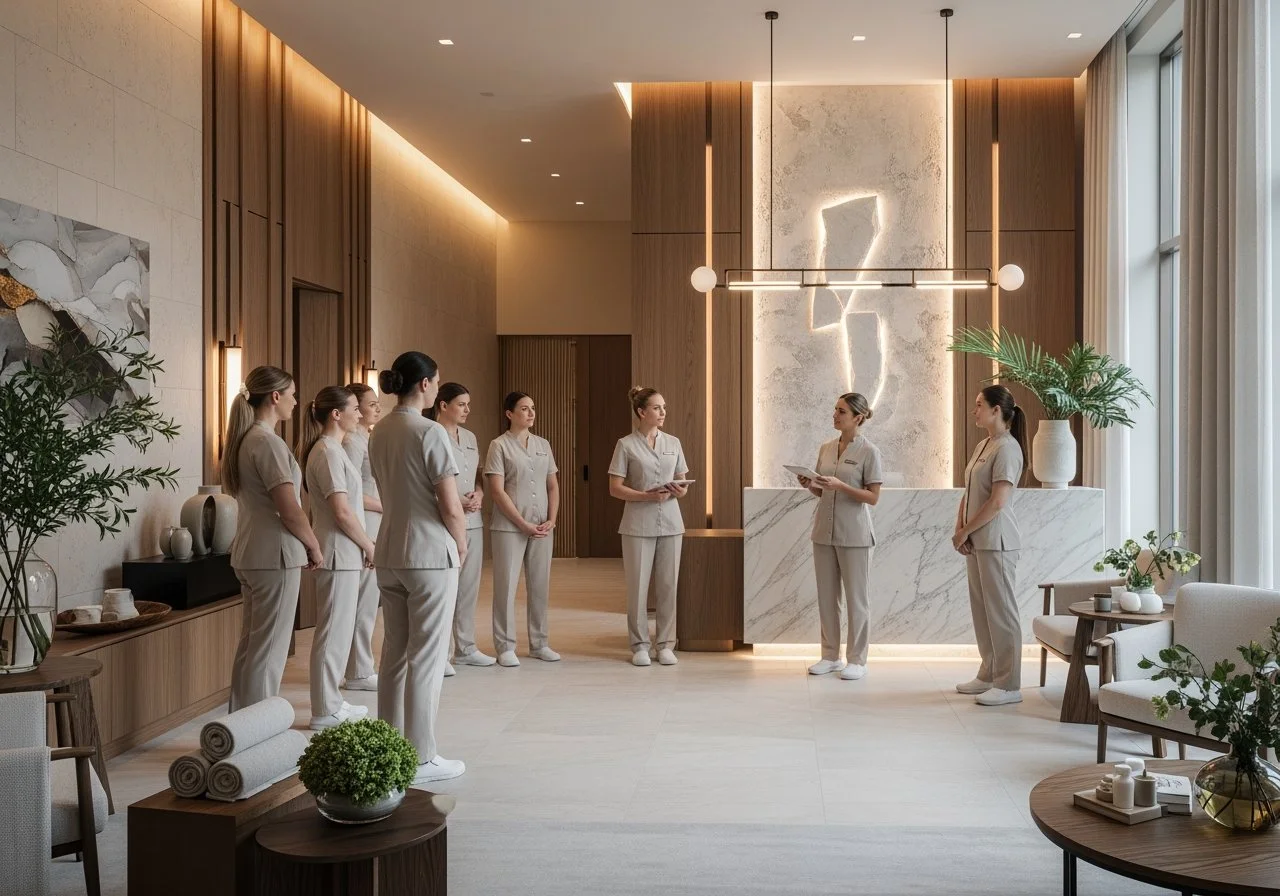 Group of women dressed in beige uniforms standing in a modern spa or wellness center lobby, listening to a woman speaking, with natural light and minimalistic decor.