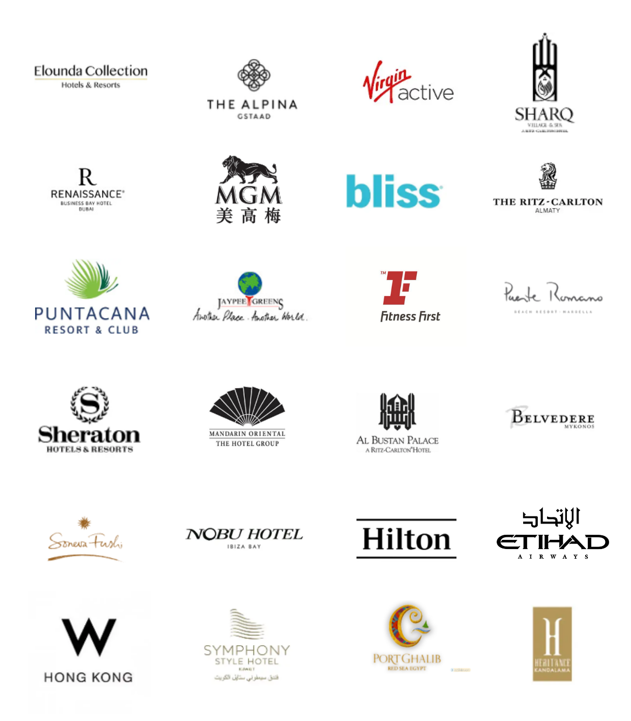 A collection of hotel, resort, airline, and resort logos arranged in a grid pattern.