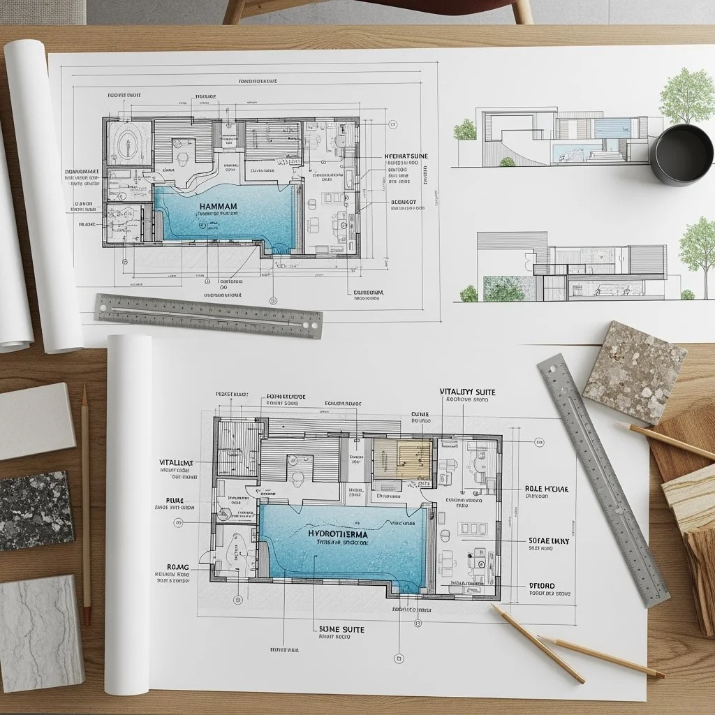 Architectural plans of a house, showing layout and design with color-coded rooms including pools, with measuring tools and building materials around.