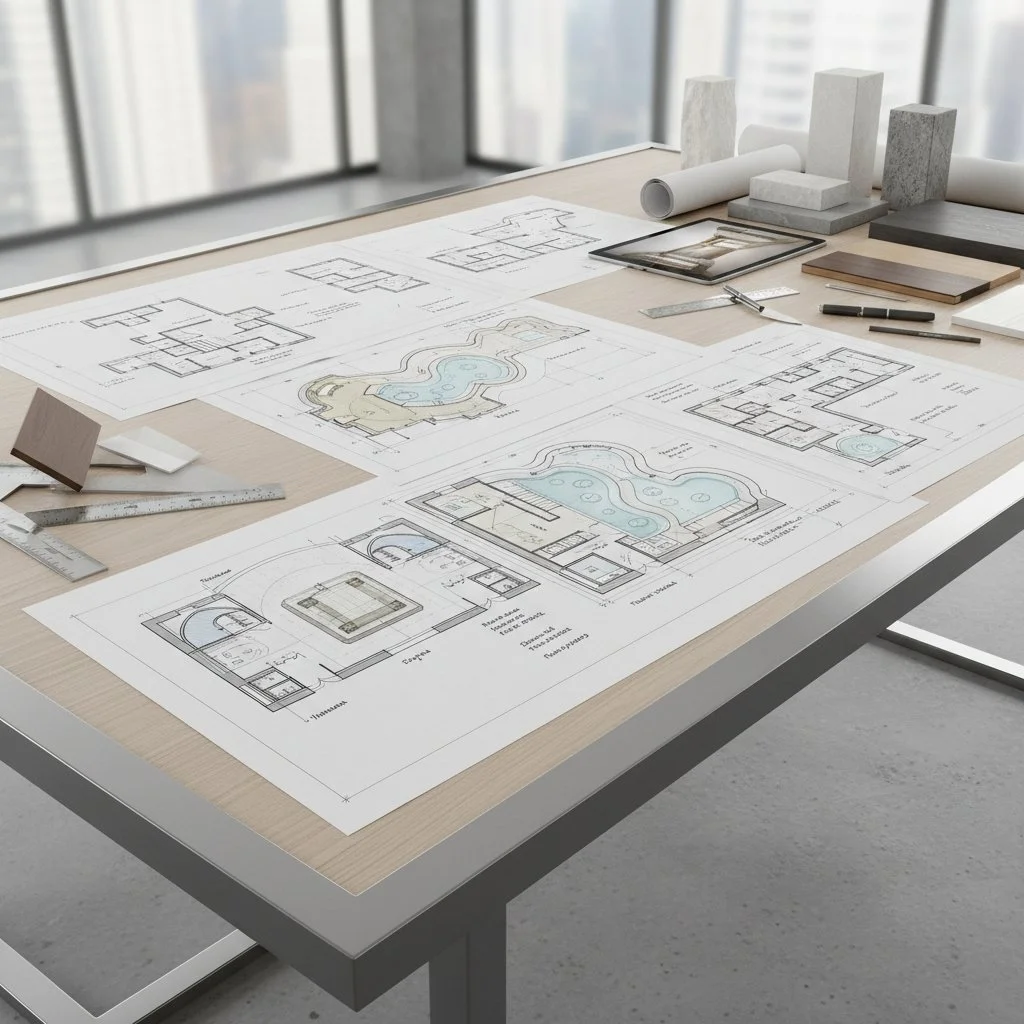 Architectural blueprints and design plans on a desk, with model materials, a tablet, rulers, and pens, in a high-rise office with large windows.