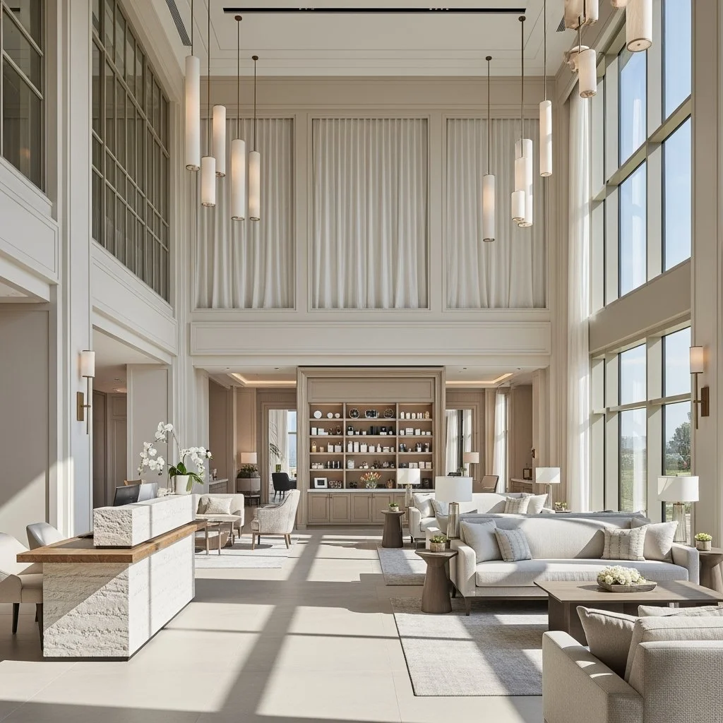 Spacious hotel lobby with high ceilings, large windows, modern white sofas, and a central bookshelf, decorated with lamps, plants, and flowers.