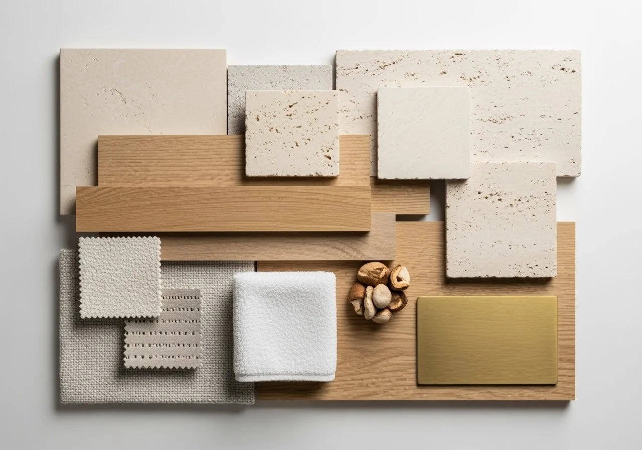 A collection of various tile and material samples, including natural stone tiles, wood planks, fabric swatches, and a small pile of nuts, arranged on a white surface.