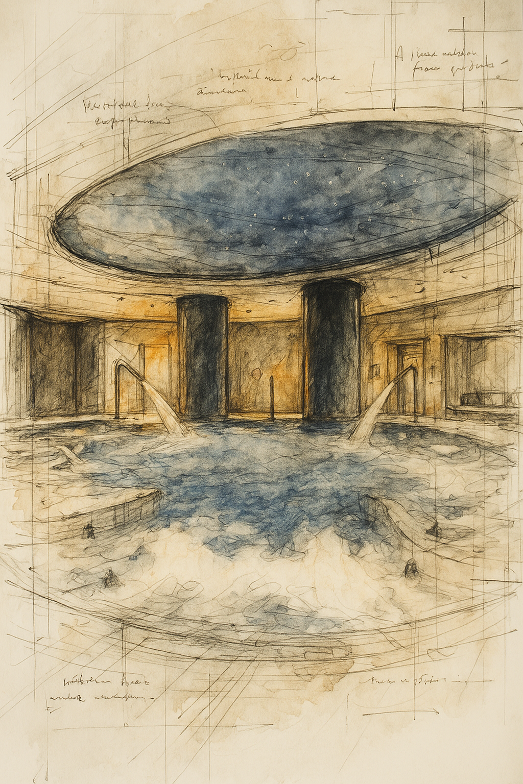 Interior sketch of a large indoor swimming pool with stars painted on the ceiling, illuminated by warm lighting, with water jets and figures swimming.