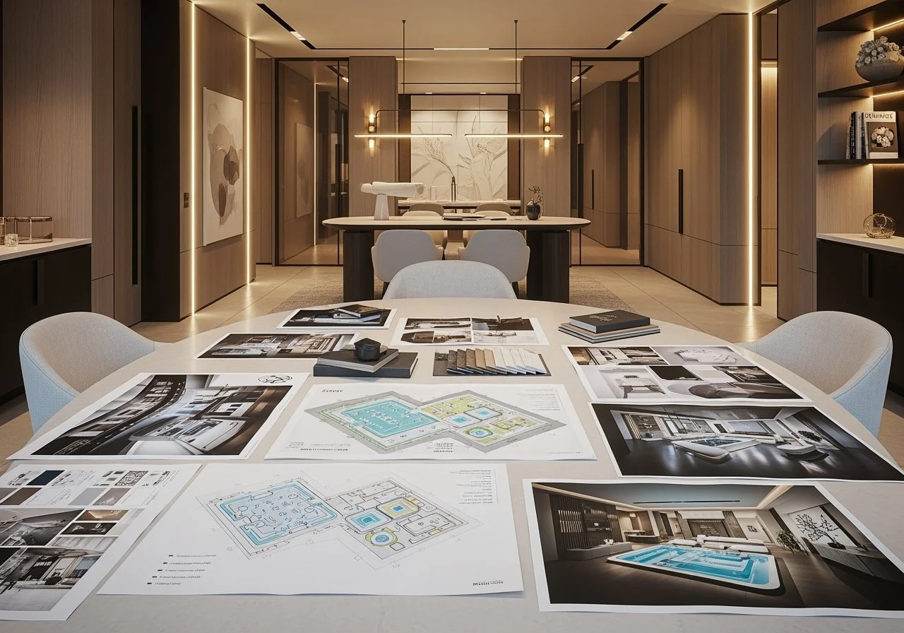 Modern conference room with a large table filled with architectural plans, sketches, and photo references. In the background, a smaller table holds a model of a pool and additional design materials, with contemporary lighting and wood-paneled walls.