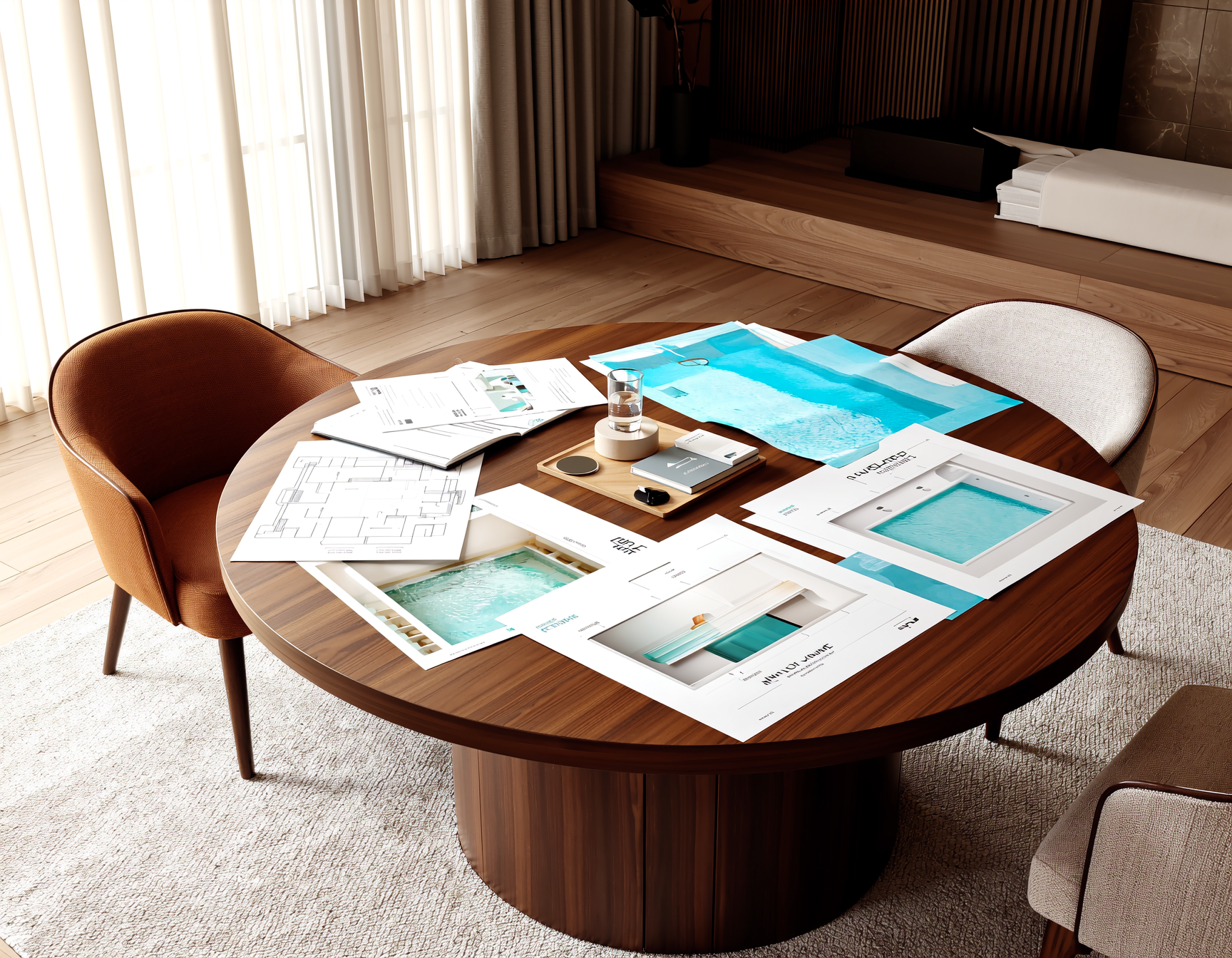 Interior of a modern room with a round wooden table, chairs, architectural plans, brochures, and a small model of a swimming pool, with curtains and a bed in the background.