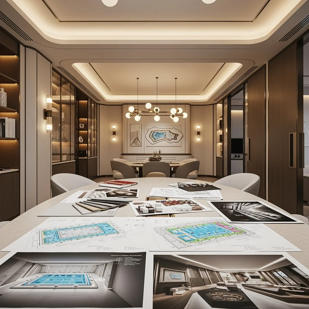 A modern conference room with a large table covered in design plans and materials, chairs around the table, and a stylish chandelier hanging from the ceiling. The room has built-in bookshelves and artwork on the walls.