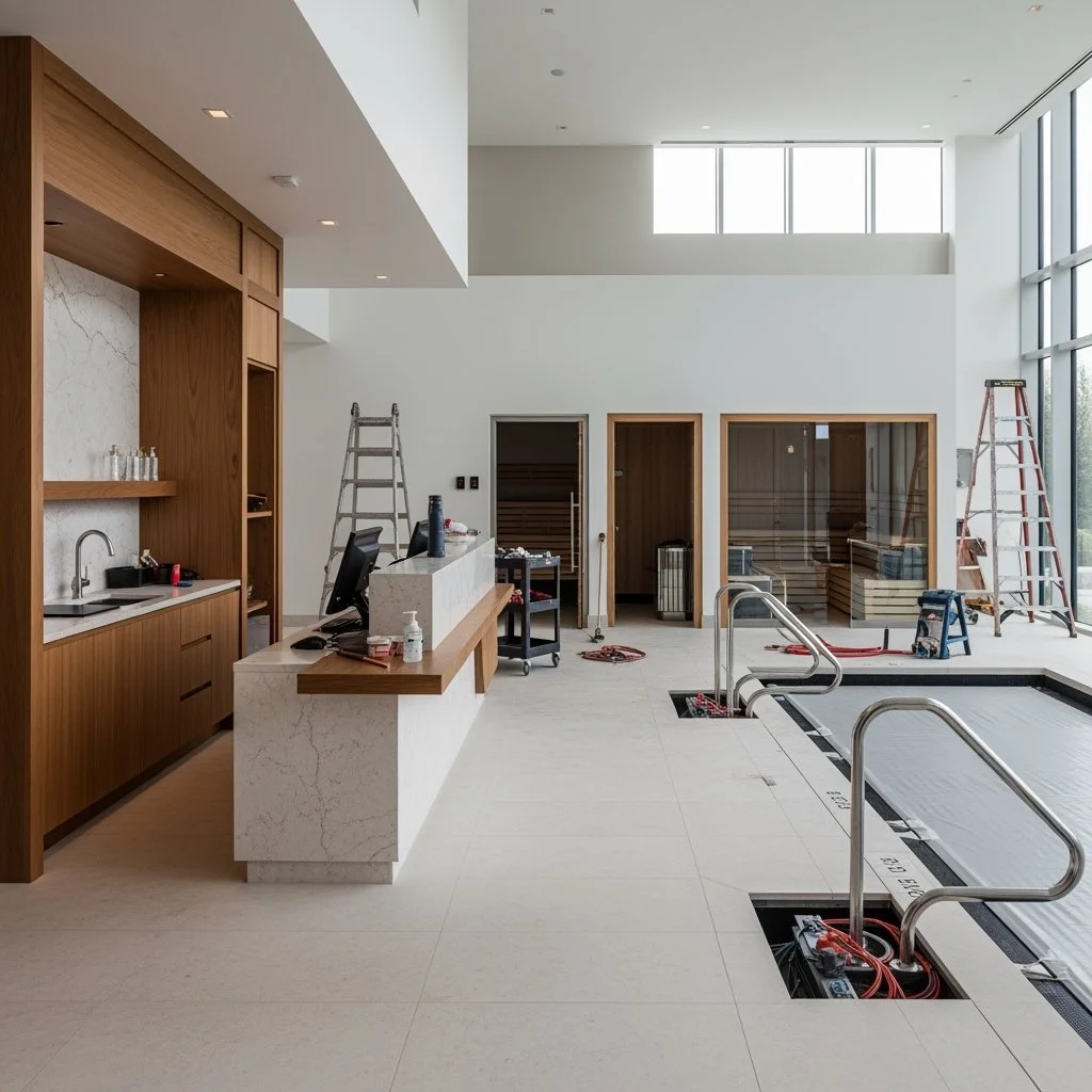 A spacious, modern indoor pool area under construction with ladders, tools, and construction materials visible, featuring large windows letting in natural light.