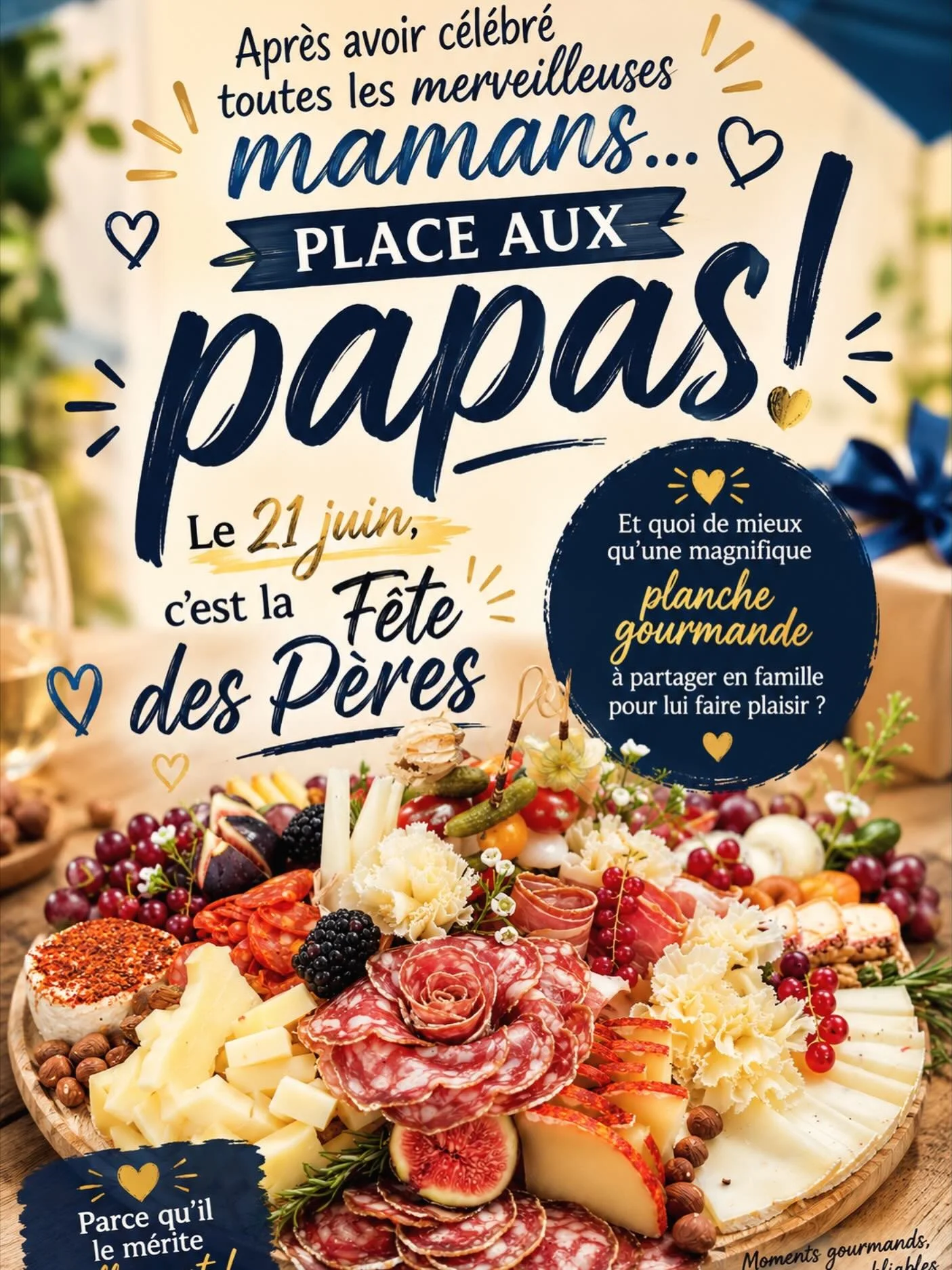 ✨ Apr&egrave;s avoir c&eacute;l&eacute;br&eacute; toutes les merveilleuses mamans&hellip; place aux papas ! ✨

Le 21 juin, c&rsquo;est la F&ecirc;te des P&egrave;res 💙
Et quoi de mieux qu&rsquo;une magnifique planche gourmande &agrave; partager en f