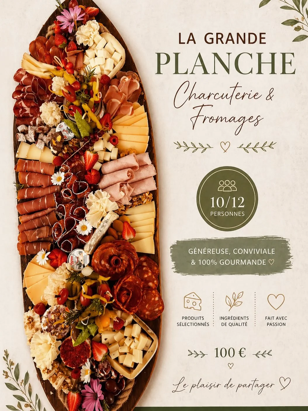 Une planche g&eacute;n&eacute;reuse et raffin&eacute;e, parfaite pour vos &eacute;v&eacute;nements, ap&eacute;ros entre amis ou moments en famille 🧀🥓🍇

💫 Charcuterie &amp; Fromages soigneusement s&eacute;lectionn&eacute;s
🍓 Fruits frais &amp; to