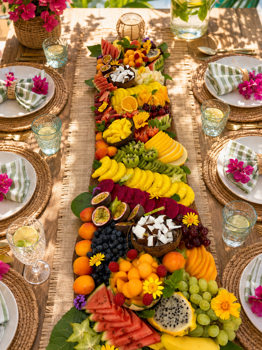 Table dressée avec une grande variété de fruits coupés, décorée de fleurs, et entourée de six assiettes avec des couverts, des verres à boisson et des serviettes pliées avec des fleurs.