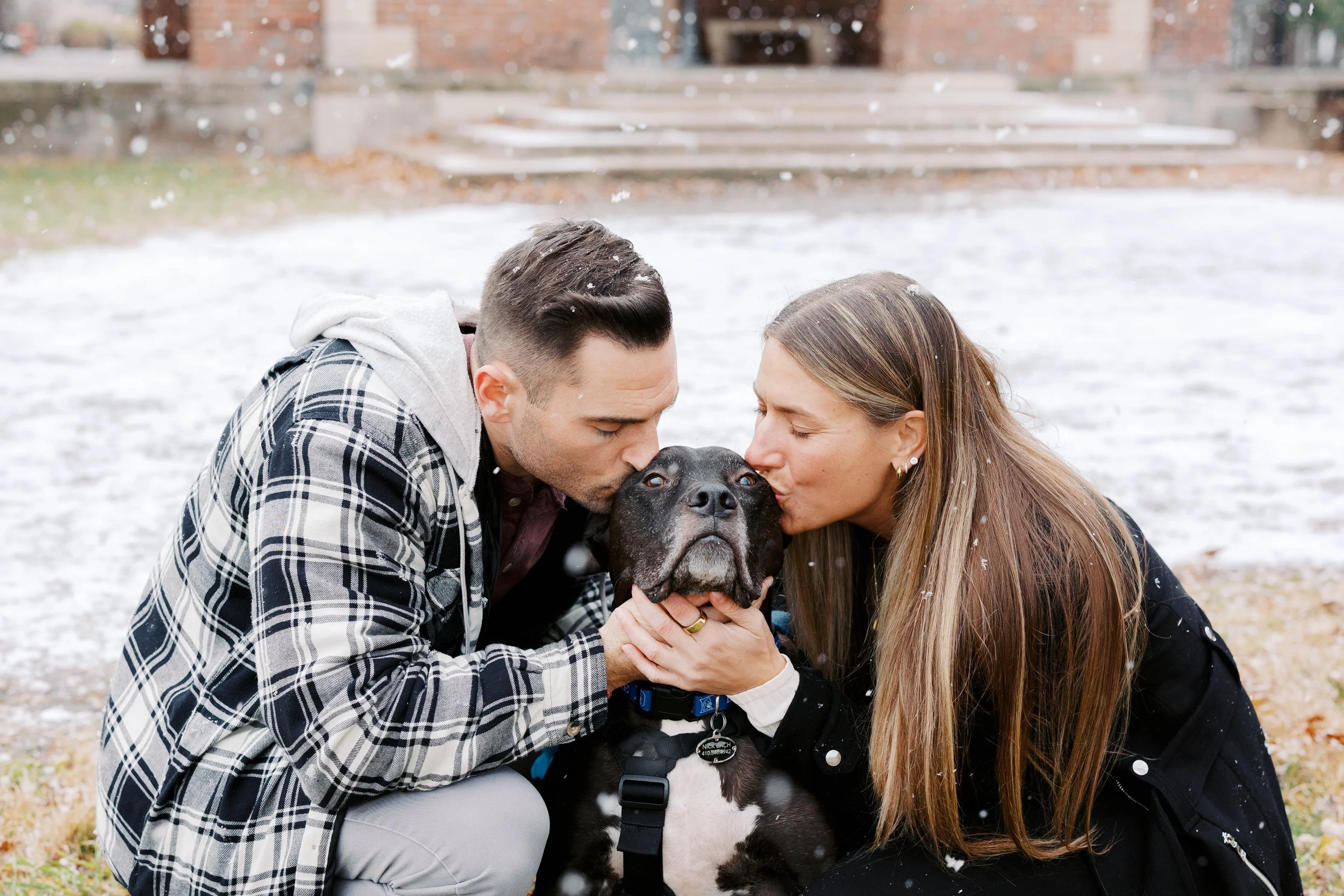 Two people, a man and a woman, are kneeling outside in a snowy area, kissing a black dog with a white chin and a blue collar. The background shows steps and a brick building.
