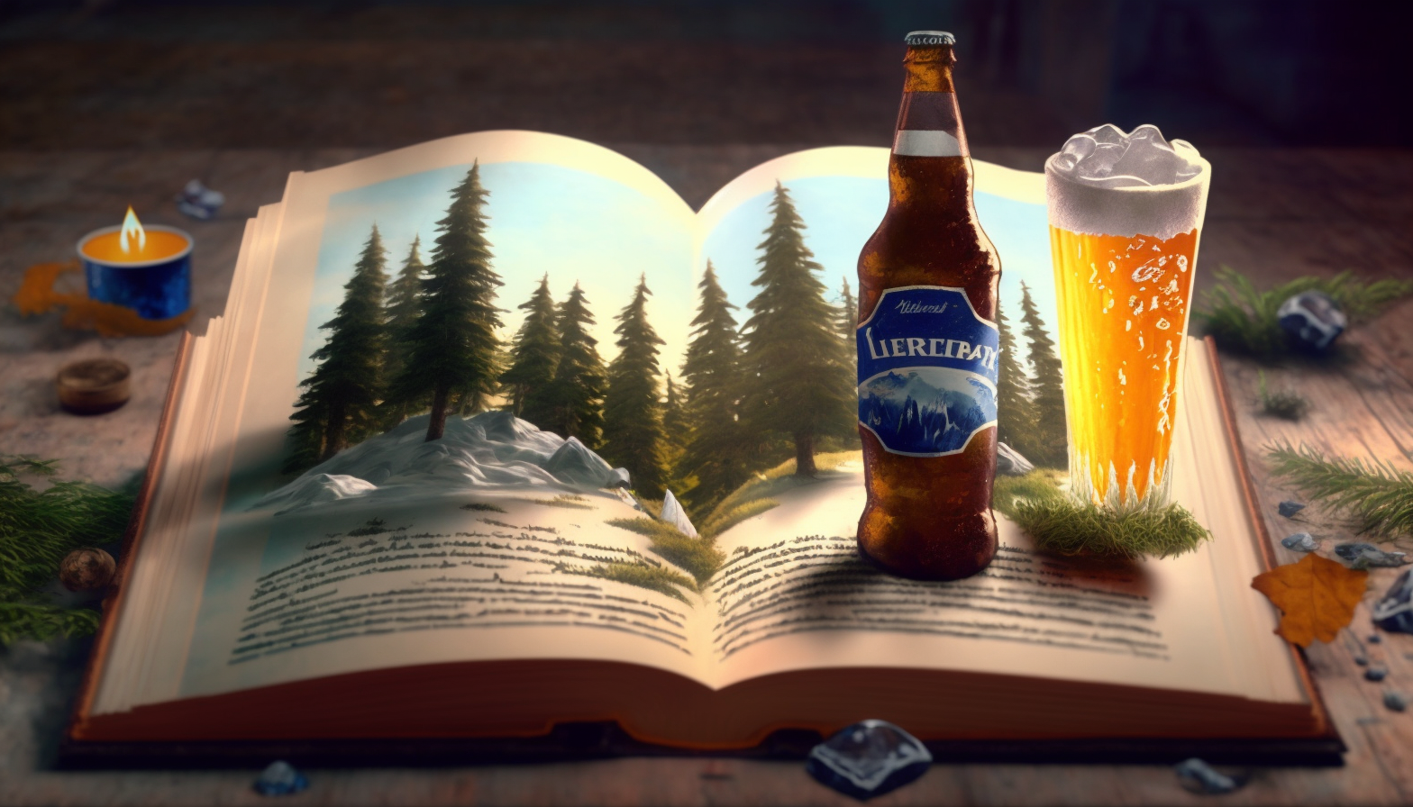 JojoFrank_pop_up_book_with_pine_trees_and_a_beer_bottle_and_a_g_b0ca574d-7cb6-4496-bee4-d02e707b5bc0.png