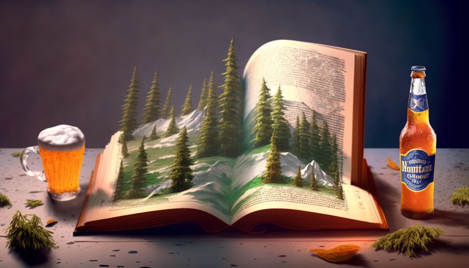 JojoFrank_pop_up_book_with_pine_trees_and_a_beer_bottle_and_a_g_e0b16ac0-818f-4ef5-abb8-37c5b5b28a7c.png