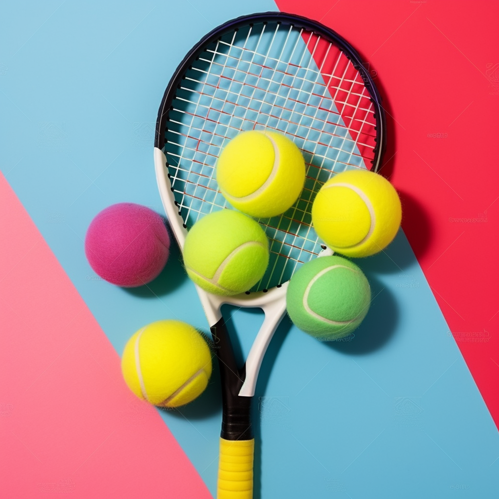 JojoFrank_tennis_racket_and_balls_on_multicolored_background_92beef82-0b28-4ef4-847a-7b87583c3981.png