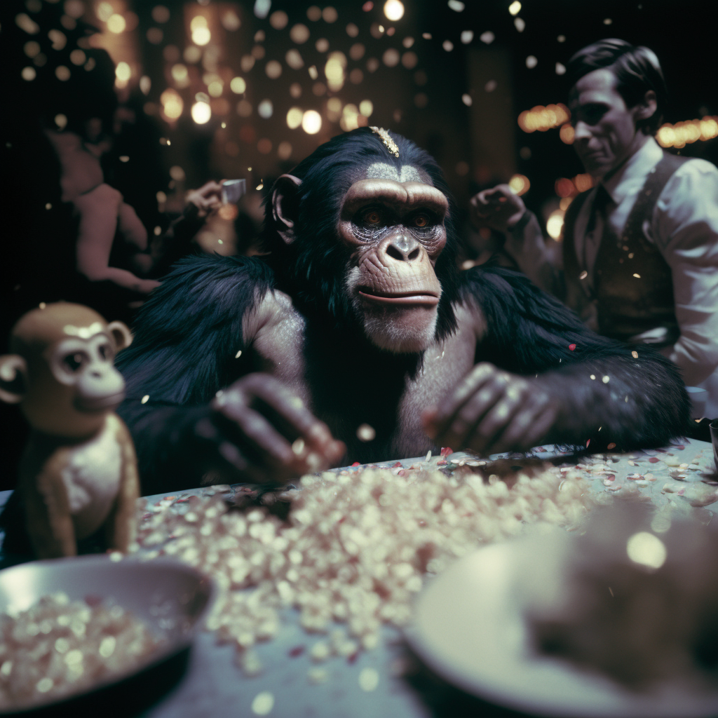 JojoFrank_photograph_studio_54_chimpanzee_sitting_at_a_table_wi_a90dd963-323c-46d2-b5e4-caba786732af.png