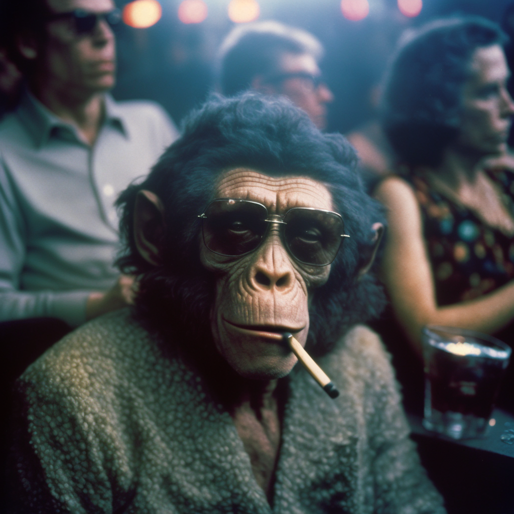 JojoFrank_photograph_studio_54_chimpanzee_in_sunglasses_smoking_1a67e2ca-ca35-41e4-abef-ee8fa7fc0bf3.png