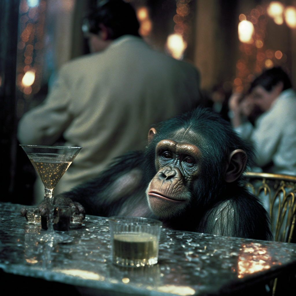 JojoFrank_photograph_studio_54_chimpanzee_sitting_at_a_table_gr_645eabd8-e00f-439b-a2fe-b932b8e87acf.png