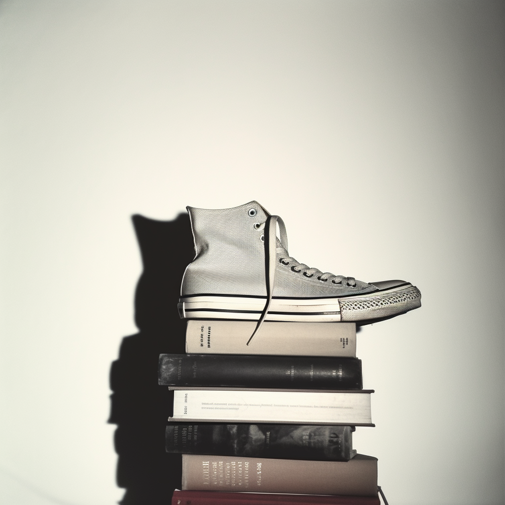 JojoFrank_shoe_on_a_stack_of_books_minimal_desaturated_polaroid_8410c6b7-3b74-43c1-8993-3e88e3267647.png