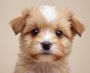 Close-up of a cute puppy with brown and white fur and big, dark eyes.