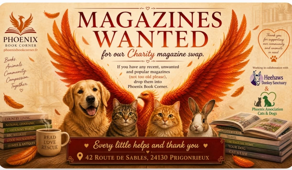 Poster calling for magazine donations for charity swap, featuring a dog, two cats, and a rabbit in front of large orange wings, with books and a mug on the table, and logos of Heehaws Donkey Sanctuary and Phoenix Association Cats & Dogs.