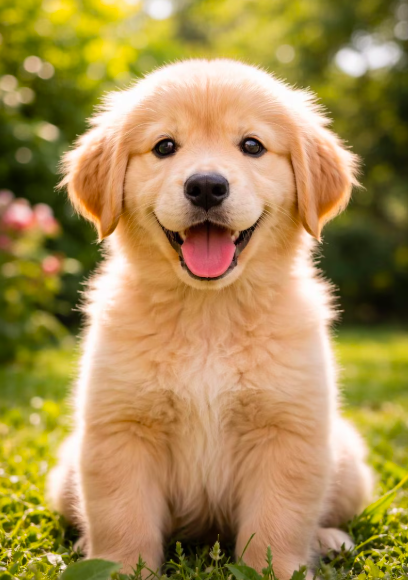 A cute golden retriever puppy sitting on grass in a park with green trees in the background.