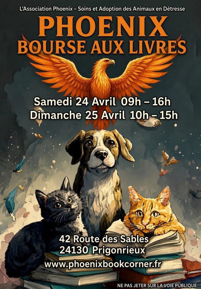 Poster advertising an event called "Phoenix Book Fair" organized by the Phoenix Association for animal care and rescue, scheduled for Saturday, April 24th from 9 am to 4 pm and Sunday, April 25th from 10 am to 3 pm, located at 42 Route des Sables, 24130 Prigonrieux, France. The poster features an illustrated phoenix with outstretched wings at the top, and sitting below are a dog, a cat, and a bird, all situated on a stack of books, with butterflies fluttering around.
