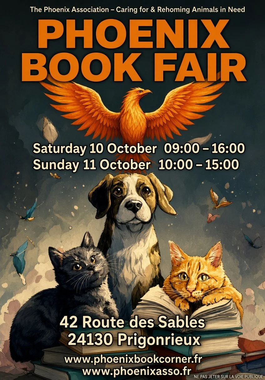 Poster for the Phoenix Book Fair featuring a large orange phoenix, a dog, a cat, and a bird surrounded by flying butterflies. Event details include dates, times, location, and websites.