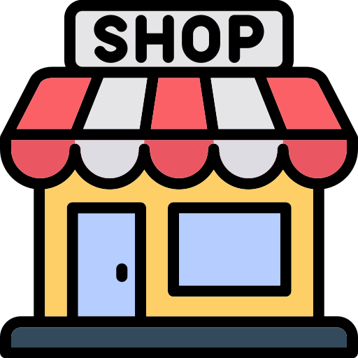 An illustration of a shop with a red and gray striped awning, a door with a round handle, and a window, with a sign reading "SHOP" on top.
