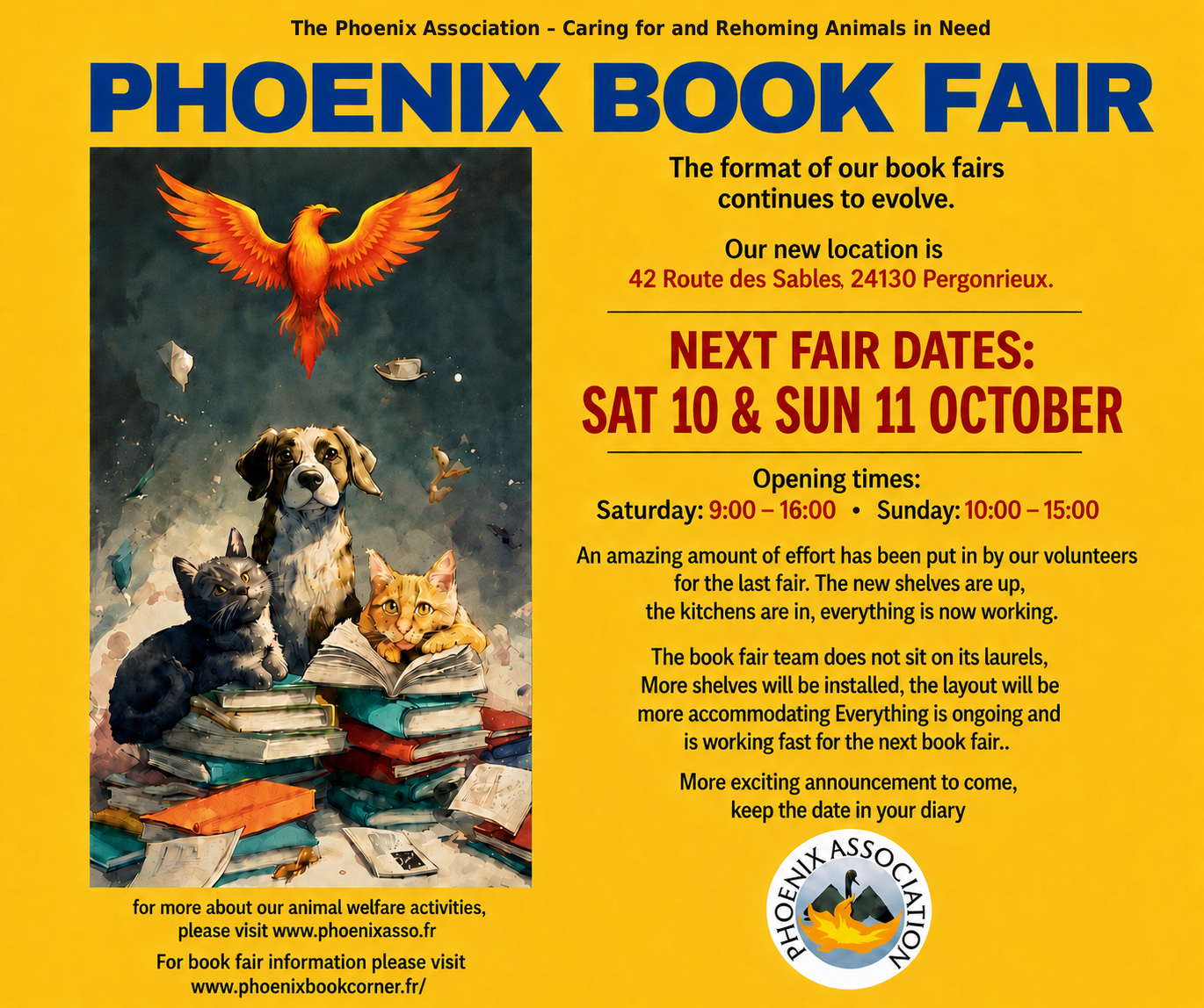 Flyer for Phoenix Book Fair with vibrant yellow background, featuring a digital painting of a phoenix, a dog, a black cat, and an orange tabby cat surrounded by stacks of books and flying papers. The flyer contains event details, dates, times, and contact information.