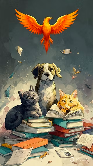 Illustration of a dog and two cats sitting on piles of books with a fiery orange phoenix flying above them, surrounded by scattered papers and butterflies.