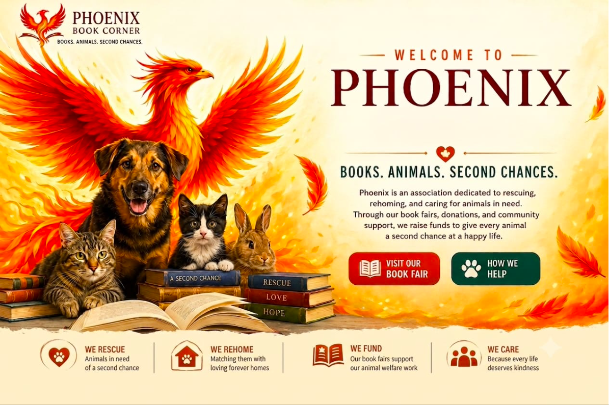 A promotional flyer for Phoenix Book Corner featuring a phoenix and animals including a dog, a cat, and a rabbit, with books and text about rescuing and rehoming animals.
