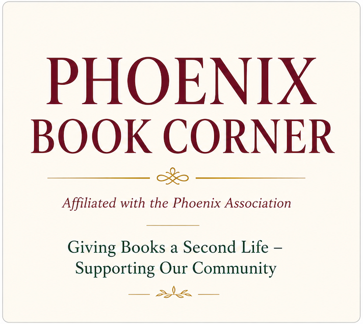 Sign for Phoenix Book Corner, affiliated with the Phoenix Association, promoting giving books a second life and supporting the community.