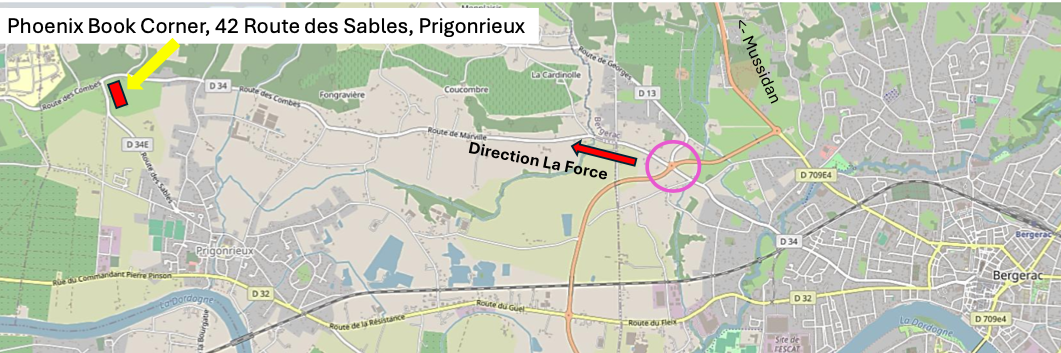 Map showing directions from Phoenix Book Corner at 42 Route des Sables, Prigonreux, with a highlighted route pointing towards La Force, featuring labels, roads, and a marked stop or point of interest.