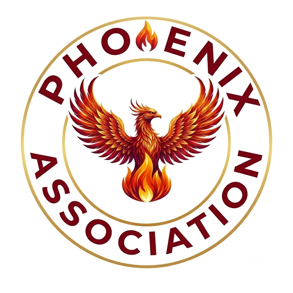 Logo featuring a fiery phoenix with outstretched wings, a small flame above its head, and the words "Phoenix Association" encircling it.
