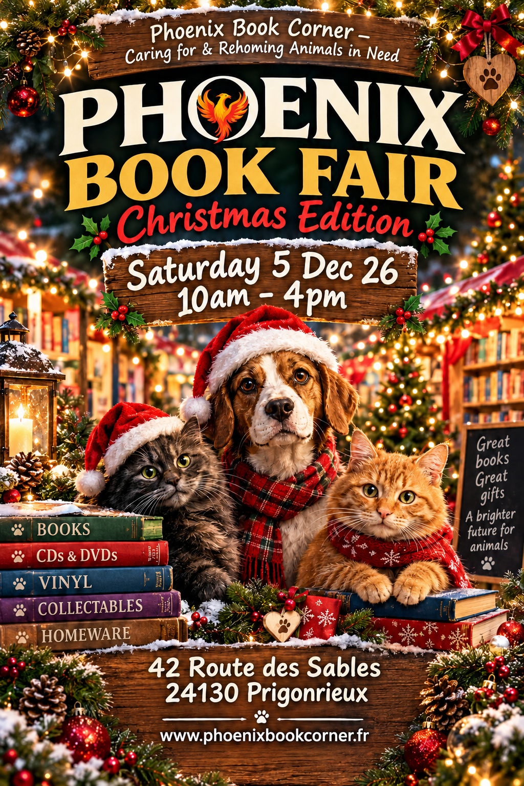 Poster for Phoenix Book Fair Christmas Edition with holiday decorations, a dog and two cats wearing Santa hats, books, and Christmas trees, details for event on December 5th from 10 am to 4 pm at 42 Route des Sables, Prigonrieux.